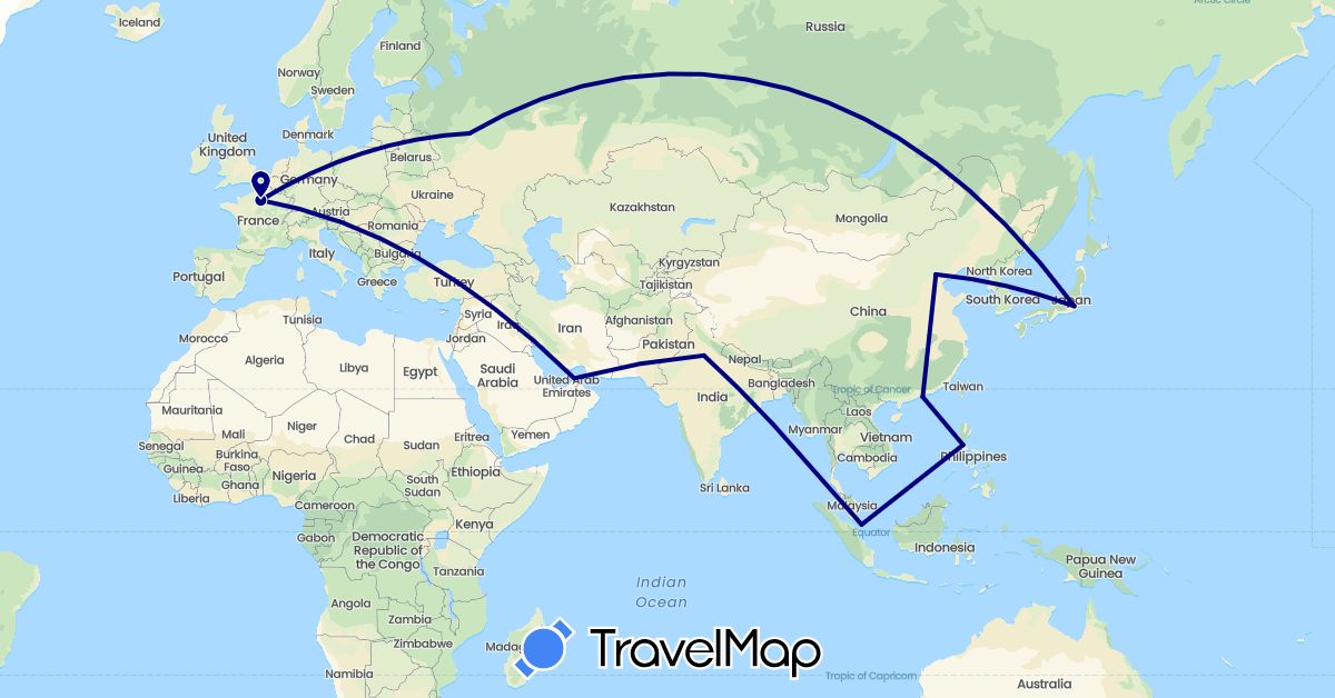 TravelMap itinerary: driving in United Arab Emirates, China, France, India, Japan, Philippines, Russia, Singapore (Asia, Europe)